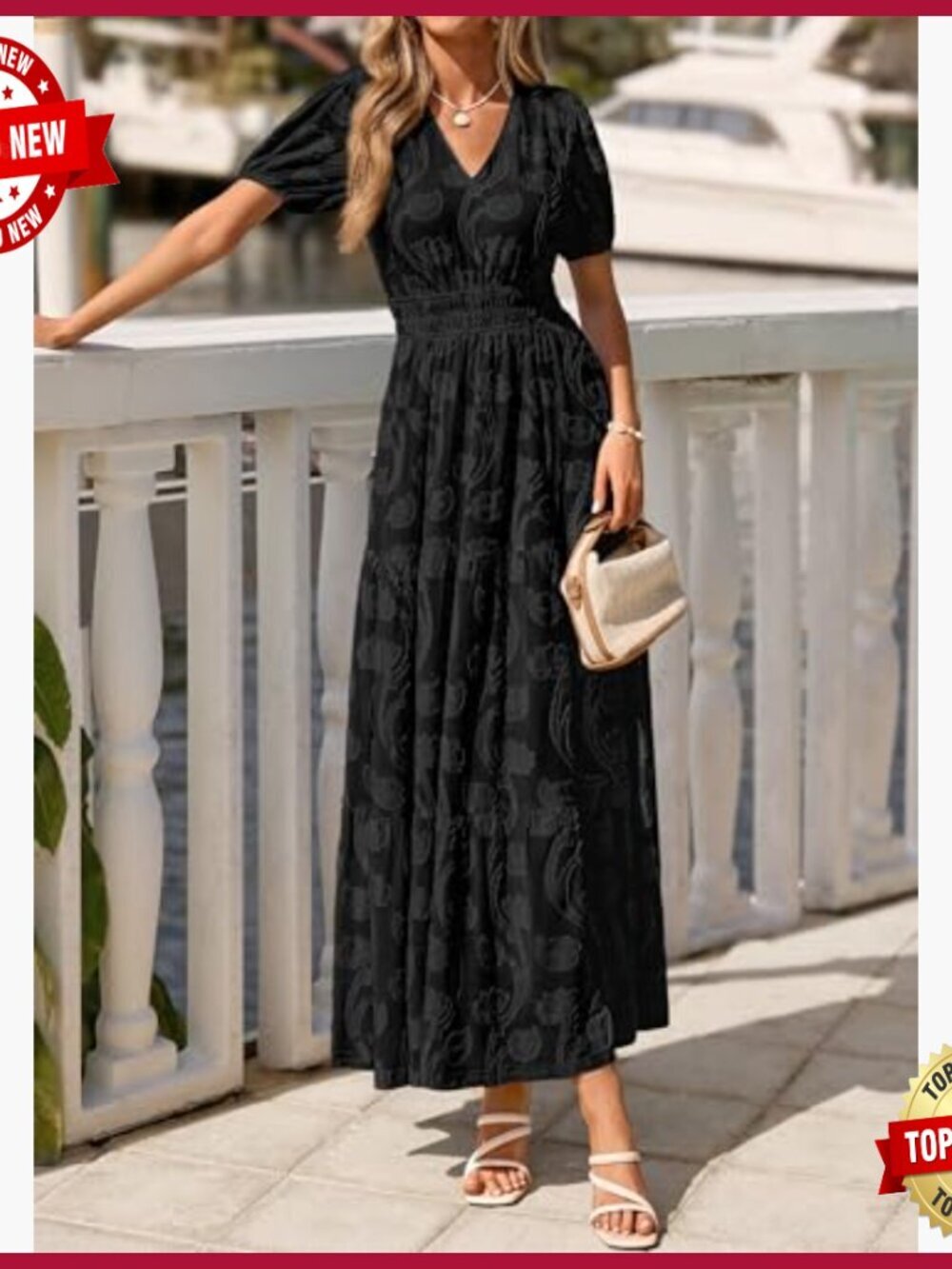 Boho Maxi Dress V-Neck Short Sleeve Elastic Waist Floral Long Casual - Picture 4 of 7